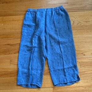 FLAX Linen wide leg‎ pull on cropped Pants Blue  Size Large